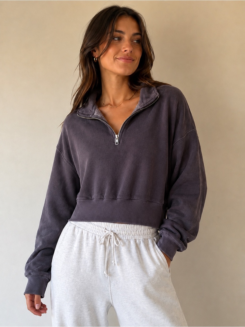 78. | TNA | Cozy AF | Cropped Zip-Neck Sweatshirt | M